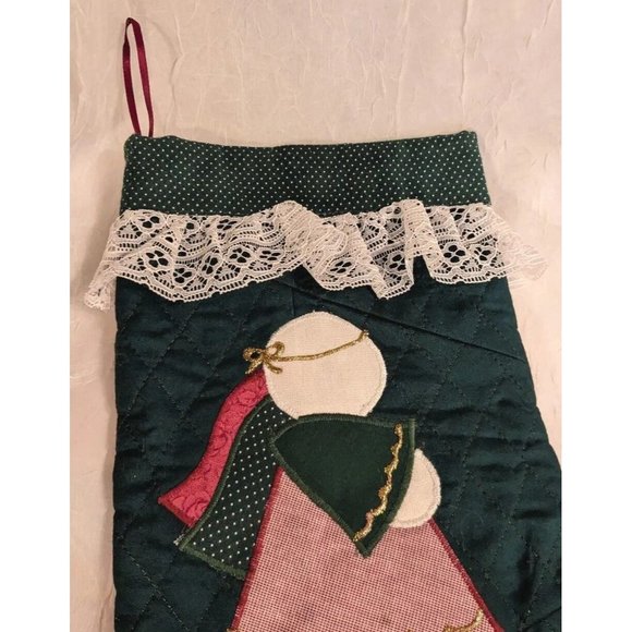 2 Angels Christmas Stocking Quilted Applique Folk Art Primitive Lace Naive Pair - Picture 15 of 16